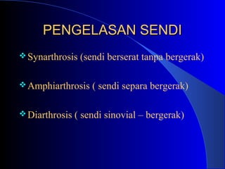 PENGELASAN SENDIPENGELASAN SENDI
Synarthrosis (sendi berserat tanpa bergerak)
Amphiarthrosis ( sendi separa bergerak)
Diarthrosis ( sendi sinovial – bergerak)
 