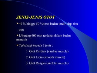 JENIS-JENIS OTOT
40 % hingga 50 %berat badan terdiri drp. tisu
otot
L/kurang 600 otot terdapat dalam badan
manusia
Terbahagi kepada 3 jenis :
1. Otot Kardiak (cardiac muscle)
2. Otot Licin (smooth muscle)
3. Otot Rangka (skeletal muscle)
 