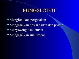 FUNGSI OTOTFUNGSI OTOT
Menghasilkan pergerakan
Mengekalkan posisi badan dan postur
Menyokong tisu lembut
Mengekalkan suhu badan
 