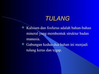 TULANGTULANG
 Kalsium dan fosfurus adalah bahan-bahan
mineral yang membentuk struktur badan
manusia.
 Gabungan kedua-dua bahan ini menjadi
tulang keras dan tegap.
 
