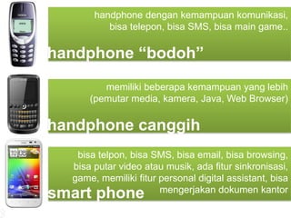 handphone dengan kemampuan komunikasi,
          bisa telepon, bisa SMS, bisa main game..

handphone “bodoh”
         memiliki beberapa kemampuan yang lebih
      (pemutar media, kamera, Java, Web Browser)

handphone canggih
   bisa telpon, bisa SMS, bisa email, bisa browsing,
  bisa putar video atau musik, ada fitur sinkronisasi,
  game, memiliki fitur personal digital assistant, bisa
                       mengerjakan dokumen kantor
smart phone
 