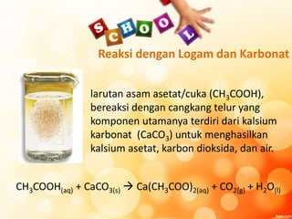 Reaksi dengan Logam dan Karbonat
larutan asam asetat/cuka (CH3COOH),
bereaksi dengan cangkang telur yang
komponen utamanya terdiri dari kalsium
karbonat (CaCO3) untuk menghasilkan
kalsium asetat, karbon dioksida, dan air.
CH3COOH(aq) + CaCO3(s)  Ca(CH3COO)2(aq) + CO2(g) + H2O(l)
 