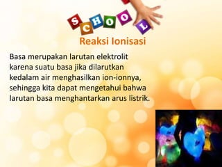 Reaksi Ionisasi
Basa merupakan larutan elektrolit
karena suatu basa jika dilarutkan
kedalam air menghasilkan ion-ionnya,
sehingga kita dapat mengetahui bahwa
larutan basa menghantarkan arus listrik.
 