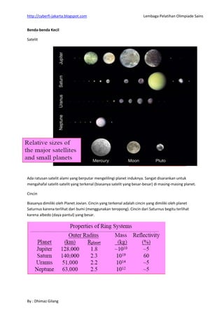 http://cyberfi-jakarta.blogspot.com Lembaga Pelatihan Olimpiade Sains 
By : Dhimaz Gilang 
Benda-benda Kecil 
Satelit 
Ada ratusan satelit alami yang berputar mengelilingi planet induknya. Sangat disarankan untuk mengahafal satelit-satelit yang terkenal (biasanya satelit yang besar-besar) di masing-masing planet. 
Cincin 
Biasanya dimiliki oleh Planet Jovian. Cincin yang terkenal adalah cincin yang dimiliki oleh planet Saturnus karena terlihat dari bumi (menggunakan teropong). Cincin dari Saturnus begitu terlihat karena albedo (daya pantul) yang besar. 
 