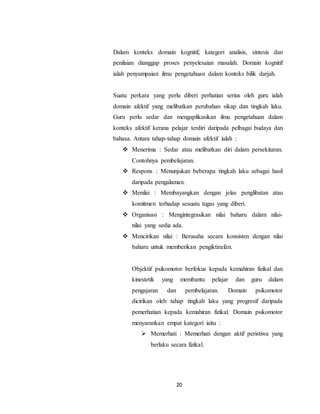 20
Dalam konteks domain kognitif, kategori analisis, sintesis dan
penilaian dianggap proses penyelesaian masalah. Domain kognitif
ialah penyampaian ilmu pengetahuan dalam konteks bilik darjah.
Suatu perkara yang perlu diberi perhatian serius oleh guru ialah
domain afektif yang melibatkan perubahan sikap dan tingkah laku.
Guru perlu sedar dan mengaplikasikan ilmu pengetahuan dalam
konteks afektif kerana pelajar terdiri daripada pelbagai budaya dan
bahasa. Antara tahap-tahap domain afektif ialah :
 Menerima : Sedar atau melibatkan diri dalam persekitaran.
Contohnya pembelajaran.
 Respons : Menunjukan beberapa tingkah laku sebagai hasil
daripada pengalaman.
 Menilai : Membayangkan dengan jelas penglibatan atau
komitmen terhadap sesuatu tugas yang diberi.
 Organisasi : Mengintegrasikan nilai baharu dalam nilai-
nilai yang sedia ada.
 Mencirikan nilai : Berusaha secara konsisten dengan nilai
baharu untuk memberikan pengiktirafan.
Objektif psikomotor berfokus kepada kemahiran fizikal dan
kinestetik yang membantu pelajar dan guru dalam
pengajaran dan pembelajaran. Domain psikomotor
dicirikan oleh tahap tingkah laku yang progresif daripada
pemerhatian kepada kemahiran fizikal. Domain psikomotor
menyarankan empat kategori iaitu :
 Memerhati : Memerhati dengan aktif peristiwa yang
berlaku secara fizikal.
 