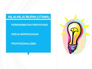 NILAI-NILAI MURNI (UTAMA)
 PERKHIDMATAN PENYAYANG
 KERJA BERPASUKAN
 PROFESIONALISME
 