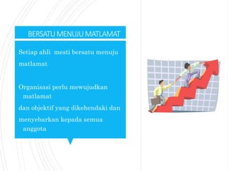 BERSATUMENUJUMATLAMAT
Setiap ahli mesti bersatu menuju
matlamat
Organisasi perlu mewujudkan
matlamat
dan objektif yang dikehendaki dan
menyebarkan kepada semua
anggota
 