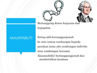 AKAUNTABILITI
Bertanggung diatas kejayaan dan
kegagalan
Setiap ahli bertanggunjawab
ke atas semua sumbangan kepada
pasukan sama ada sumbangan individu
atau sumbangan bersama
Akauntabiliti: bertanggungjawab dan
membetulkan keadaan
 