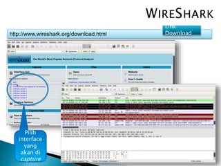 Pilih
interface
yang
akan di
capture
http://www.wireshark.org/download.html
Link
Download
WIRESHARK
 