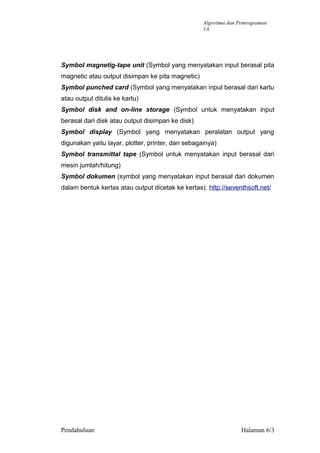 Symbol magnetig-tape unit (Symbol yang menyatakan input berasal pita
magnetic atau output disimpan ke pita magnetic)
Symbol punched card (Symbol yang menyatakan input berasal dari kartu
atau output ditulis ke kartu)
Symbol disk and on-line storage (Symbol untuk menyatakan input
berasal dari disk atau output disimpan ke disk)
Symbol display (Symbol yang menyatakan peralatan output yang
digunakan yaitu layar, plotter, printer, dan sebagainya)
Symbol transmittal tape (Symbol untuk menyatakan input berasal dari
mesin jumlah/hitung)
Symbol dokumen (symbol yang menyatakan input berasal dari dokumen
dalam bentuk kertas atau output dicetak ke kertas). http://seventhsoft.net/
Pendahuluan Halaman 6/3
Algoritma dan Pemrograman
1A
 