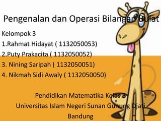 Pengenalan dan Operasi Bilangan Bulat
Kelompok 3
1.Rahmat Hidayat ( 1132050053)
2.Puty Prakacita ( 1132050052)
3. Nining Saripah ( 1132050051)
4. Nikmah Sidi Awaly ( 1132050050)

Pendidikan Matematika Kelas B
Universitas Islam Negeri Sunan Gunung Djati
Bandung

 