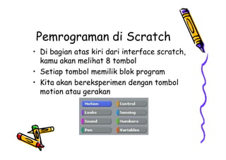 Pemrograman di Scratch
• Di bagian atas kiri dari interface scratch,
kamu akan melihat 8 tombol
• Setiap tombol memilik blok program
• Kita akan bereksperimen dengan tombol
motion atau gerakan
• Di bagian atas kiri dari interface scratch,
kamu akan melihat 8 tombol
• Setiap tombol memilik blok program
• Kita akan bereksperimen dengan tombol
motion atau gerakan
 