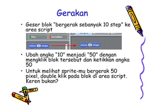 Gerakan
• Geser blok “bergerak sebanyak 10 step” ke
area script
• Ubah angka “10” menjadi “50” dengan
mengklik blok tersebut dan ketikkan angka
50
• Untuk melihat sprite-mu bergerak 50
pixel, double klik pada blok di area script.
Keren bukan?
• Geser blok “bergerak sebanyak 10 step” ke
area script
• Ubah angka “10” menjadi “50” dengan
mengklik blok tersebut dan ketikkan angka
50
• Untuk melihat sprite-mu bergerak 50
pixel, double klik pada blok di area script.
Keren bukan?
 