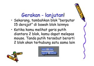 Gerakan - lanjutan!
• Sekarang, tambahkan blok “berputar
15 derajat” di bawah blok lainnya
• Ketika kamu melihat garis putih
diantara 2 blok, kamu dapat melepas
mouse. Tanda putih tersebut berarti
2 blok akan terhubung satu sama lain
• Sekarang, tambahkan blok “berputar
15 derajat” di bawah blok lainnya
• Ketika kamu melihat garis putih
diantara 2 blok, kamu dapat melepas
mouse. Tanda putih tersebut berarti
2 blok akan terhubung satu sama lain
 