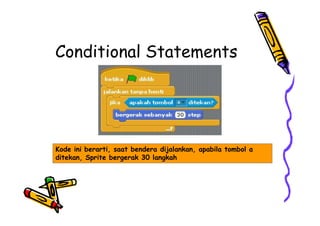 Conditional Statements
Kode ini berarti, saat bendera dijalankan, apabila tombol a
ditekan, Sprite bergerak 30 langkah
 