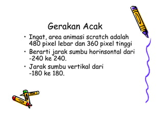 Gerakan Acak
• Ingat, area animasi scratch adalah
480 pixel lebar dan 360 pixel tinggi
• Berarti jarak sumbu horinsontal dari
-240 ke 240.
• Jarak sumbu vertikal dari
-180 ke 180.
• Ingat, area animasi scratch adalah
480 pixel lebar dan 360 pixel tinggi
• Berarti jarak sumbu horinsontal dari
-240 ke 240.
• Jarak sumbu vertikal dari
-180 ke 180.
 
