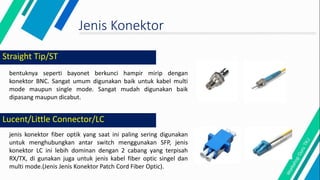 Straight Tip/ST
bentuknya seperti bayonet berkunci hampir mirip dengan
konektor BNC. Sangat umum digunakan baik untuk kabel multi
mode maupun single mode. Sangat mudah digunakan baik
dipasang maupun dicabut.
Jenis Konektor
jenis konektor fiber optik yang saat ini paling sering digunakan
untuk menghubungkan antar switch menggunakan SFP, jenis
konektor LC ini lebih dominan dengan 2 cabang yang terpisah
RX/TX, di gunakan juga untuk jenis kabel fiber optic singel dan
multi mode.(Jenis Jenis Konektor Patch Cord Fiber Optic).
Lucent/Little Connector/LC
 