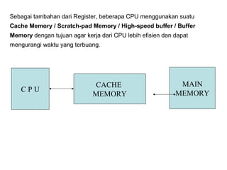 C P U
CACHE
MEMORY
MAIN
MEMORY
Sebagai tambahan dari Register, beberapa CPU menggunakan suatu
Cache Memory / Scratch-pad Memory / High-speed buffer / Buffer
Memory dengan tujuan agar kerja dari CPU lebih efisien dan dapat
mengurangi waktu yang terbuang.
 