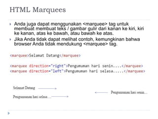 HTML Marquees
 Anda juga dapat menggunakan <marquee> tag untuk
membuat membuat teks / gambar gulir dari kanan ke kiri, kiri
ke kanan, atas ke bawah, atau bawah ke atas.
 Jika Anda tidak dapat melihat contoh, kemungkinan bahwa
browser Anda tidak mendukung <marquee> tag.
 