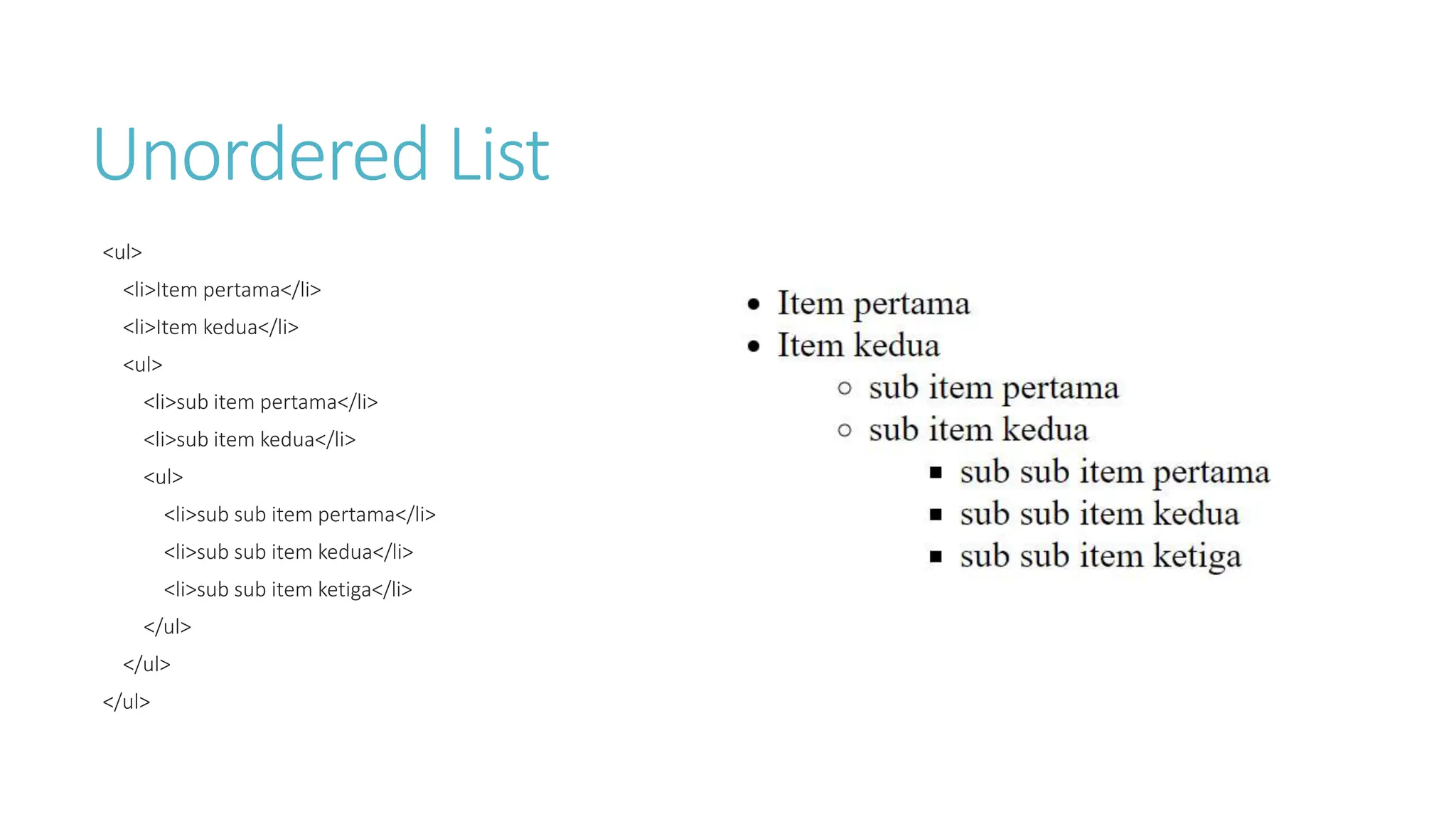 Unordered List
<ul>
<li>Item pertama</li>
<li>Item kedua</li>
<ul>
<li>sub item pertama</li>
<li>sub item kedua</li>
<ul>
<li>sub sub item pertama</li>
<li>sub sub item kedua</li>
<li>sub sub item ketiga</li>
</ul>
</ul>
</ul>
 