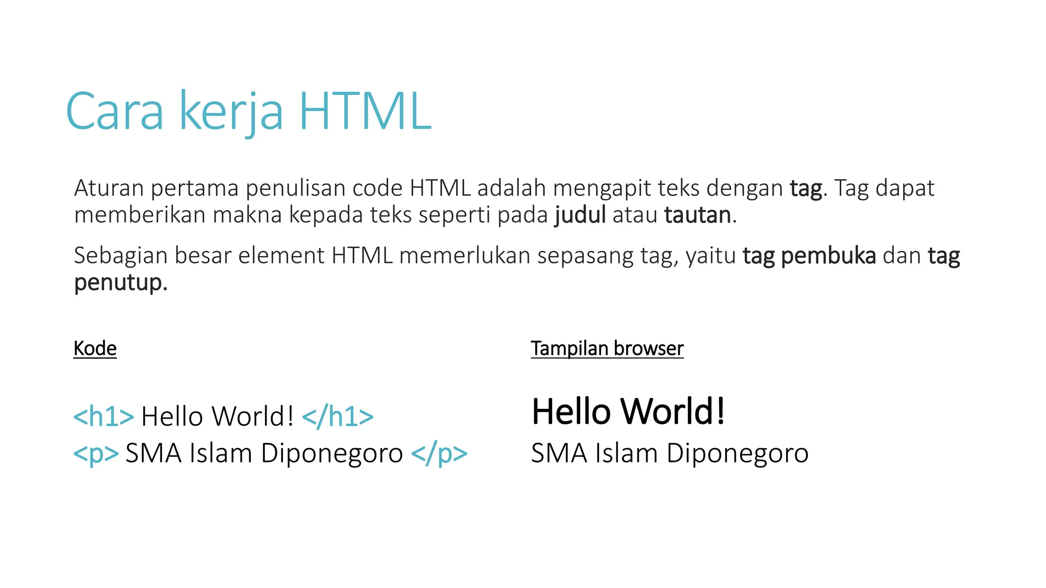 Cara kerja HTML
Aturan pertama penulisan code HTML adalah mengapit teks dengan tag. Tag dapat
memberikan makna kepada teks seperti pada judul atau tautan.
Sebagian besar element HTML memerlukan sepasang tag, yaitu tag pembuka dan tag
penutup.
Kode
<h1> Hello World! </h1>
<p> SMA Islam Diponegoro </p>
Tampilan browser
Hello World!
SMA Islam Diponegoro
 
