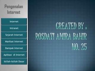 Pengenalan
 Internet
      Internet

      Intranet

 Sejarah Internet

 Manfaat Internet

 Dampak Internet

Aplikasi di Internet

Istilah-Istilah Dasar
 