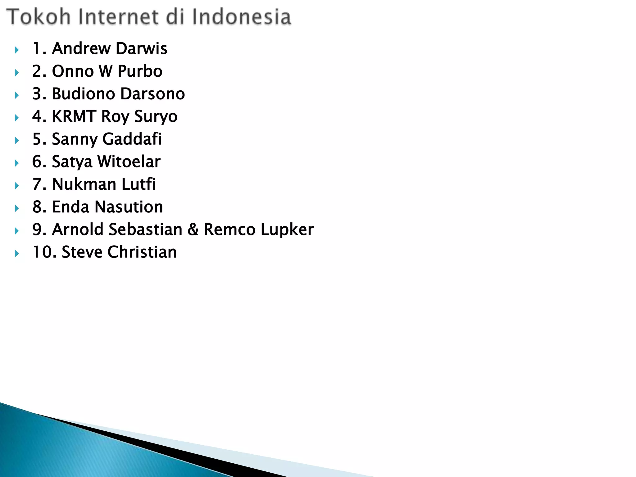 










1. Andrew Darwis
2. Onno W Purbo
3. Budiono Darsono
4. KRMT Roy Suryo
5. Sanny Gaddafi
6. Satya Witoelar
7. Nukman Lutfi
8. Enda Nasution
9. Arnold Sebastian & Remco Lupker
10. Steve Christian

 