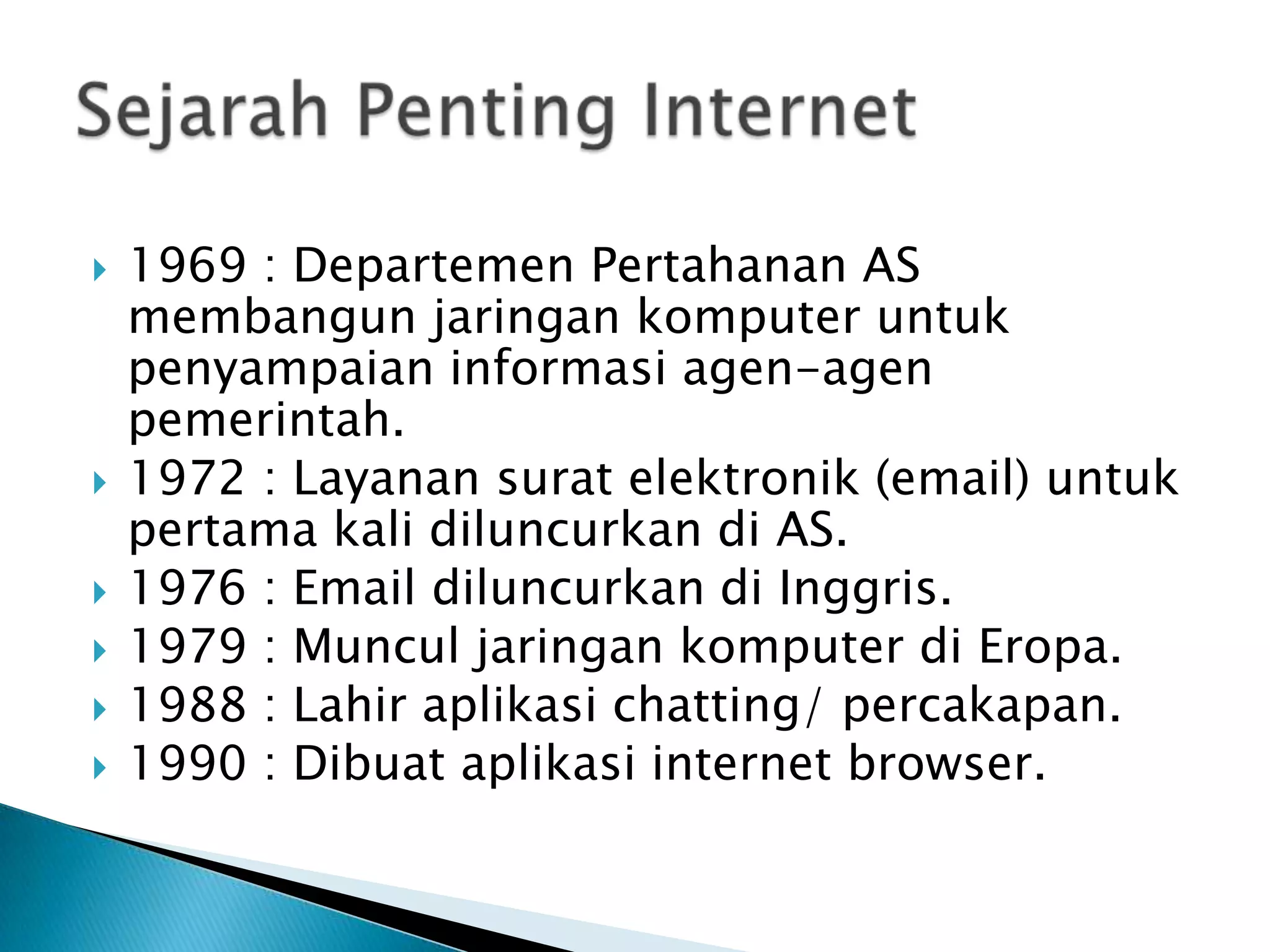 







1969 : Departemen Pertahanan AS
membangun jaringan komputer untuk
penyampaian informasi agen-agen
pemerintah.
1972 : Layanan surat elektronik (email) untuk
pertama kali diluncurkan di AS.
1976 : Email diluncurkan di Inggris.
1979 : Muncul jaringan komputer di Eropa.
1988 : Lahir aplikasi chatting/ percakapan.
1990 : Dibuat aplikasi internet browser.

 