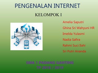 PENGENALAN INTERNET
KELOMPOK I
SMA 1 PADANG GANTING
TP 2018 / 2019
Amelia Saputri
Ghina Sri Wahyuni HR
Imelda Yulasmi
Nadia Safira
Rahmi Suci Ilahi
Sri Putri Ananda
 