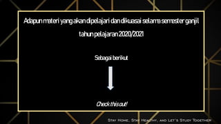 Adapunmateriyangakandipelajaridandikuasaiselamasemesterganjil
tahunpelajaran2020/2021
Sebagai berikut
Checkthisout!
Stay Home, Stay Healthy, and Let’s Study Together
 