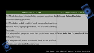 KOMPETENSI DASAR MATERI PEMBELAJARAN
3.3 Mendeskripsikan kekuatan bahan, tegangan permukaan dan
elastisitas di bidang pariwisata
4.3 Melakukan praktik produktif untuk mengevaluasi peristiwa
kekuatan bahan, tegangan permukaan , dan elastisitas di bidang
Pariwisata
Kekuatan Bahan, Elastisitas
3.4 Menganalisis pengaruh kalor dan perpindahan kalor di
bidang Pariwisata
4.4 Mengevaluasi proses perambatan kalor secara konduksi,
konveksi, dan radiasi di bidang pariwisata
Suhu, Kalor dan Perpindahan Kalor
Stay Home, Stay Healthy, and Let’s Study Together
 