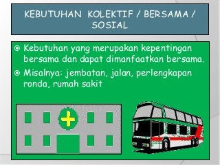 KEBUTUHAN KOLEKTIF / BERSAMA /
SOSIAL
 Kebutuhan yang merupakan kepentingan
bersama dan dapat dimanfaatkan bersama.
 Misalnya: jembatan, jalan, perlengkapan
ronda, rumah sakit
 