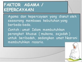 FAKTOR AGAMA /
KEPERCAYAAN
 Agama dan kepercayaan yang dianut oleh
seseorang membawa kebutuhan yang
berbeda-beda.
 Contoh : umat Islam membutuhkan
perangkat khusus ( mukena, sajadah )
untuk beribadah, sedangkan umat Nasrani
membutuhkan rosario.
 