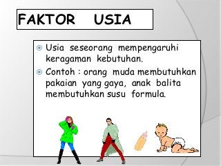 FAKTOR USIA
 Usia seseorang mempengaruhi
keragaman kebutuhan.
 Contoh : orang muda membutuhkan
pakaian yang gaya, anak balita
membutuhkan susu formula.
 