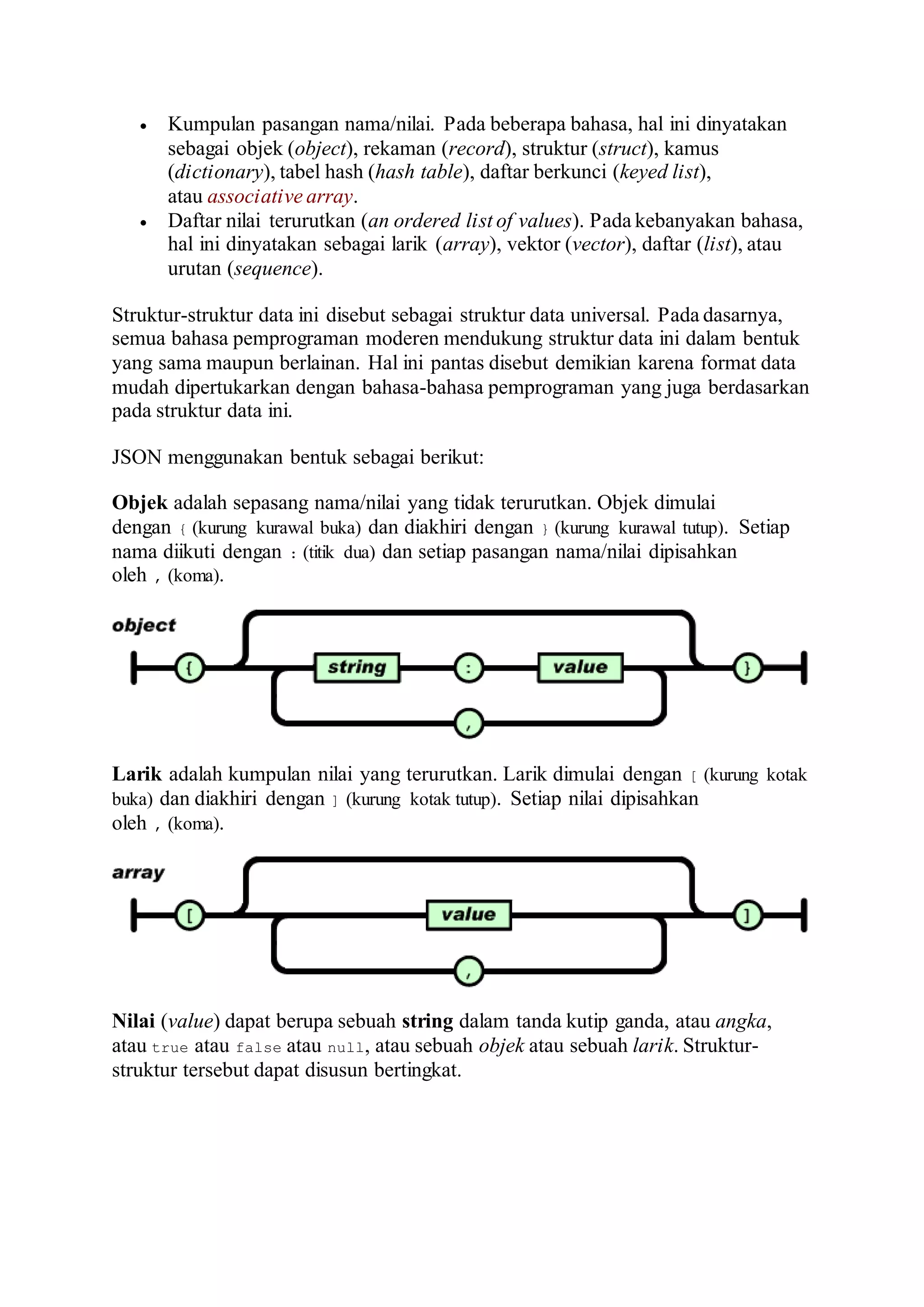  Kumpulan pasangan nama/nilai. Pada beberapa bahasa, hal ini dinyatakan
sebagai objek (object), rekaman (record), struktur (struct), kamus
(dictionary), tabel hash (hash table), daftar berkunci (keyed list),
atau associative array.
 Daftar nilai terurutkan (an ordered list of values). Pada kebanyakan bahasa,
hal ini dinyatakan sebagai larik (array), vektor (vector), daftar (list), atau
urutan (sequence).
Struktur-struktur data ini disebut sebagai struktur data universal. Pada dasarnya,
semua bahasa pemprograman moderen mendukung struktur data ini dalam bentuk
yang sama maupun berlainan. Hal ini pantas disebut demikian karena format data
mudah dipertukarkan dengan bahasa-bahasa pemprograman yang juga berdasarkan
pada struktur data ini.
JSON menggunakan bentuk sebagai berikut:
Objek adalah sepasang nama/nilai yang tidak terurutkan. Objek dimulai
dengan { (kurung kurawal buka) dan diakhiri dengan } (kurung kurawal tutup). Setiap
nama diikuti dengan : (titik dua) dan setiap pasangan nama/nilai dipisahkan
oleh , (koma).
Larik adalah kumpulan nilai yang terurutkan. Larik dimulai dengan [ (kurung kotak
buka) dan diakhiri dengan ] (kurung kotak tutup). Setiap nilai dipisahkan
oleh , (koma).
Nilai (value) dapat berupa sebuah string dalam tanda kutip ganda, atau angka,
atau true atau false atau null, atau sebuah objek atau sebuah larik. Struktur-
struktur tersebut dapat disusun bertingkat.
 