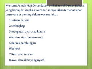 MenurutAsmah HajiOmar dalam artikelJurnal Dewan Bahasa
yang bertajuk “ Analisis Wacana “ menyatakanterdapat lapan
unsur-unsurpentingdalam wacana iaitu:
1.satuan bahasa
2.terlengkap
3.mengatasiayat atauklausa
4.teratur atautersusunrapi
5.berkesinambungan
6.kohesi
7.lisan atautulisan
8.awal dan akhir yang nyata.
 