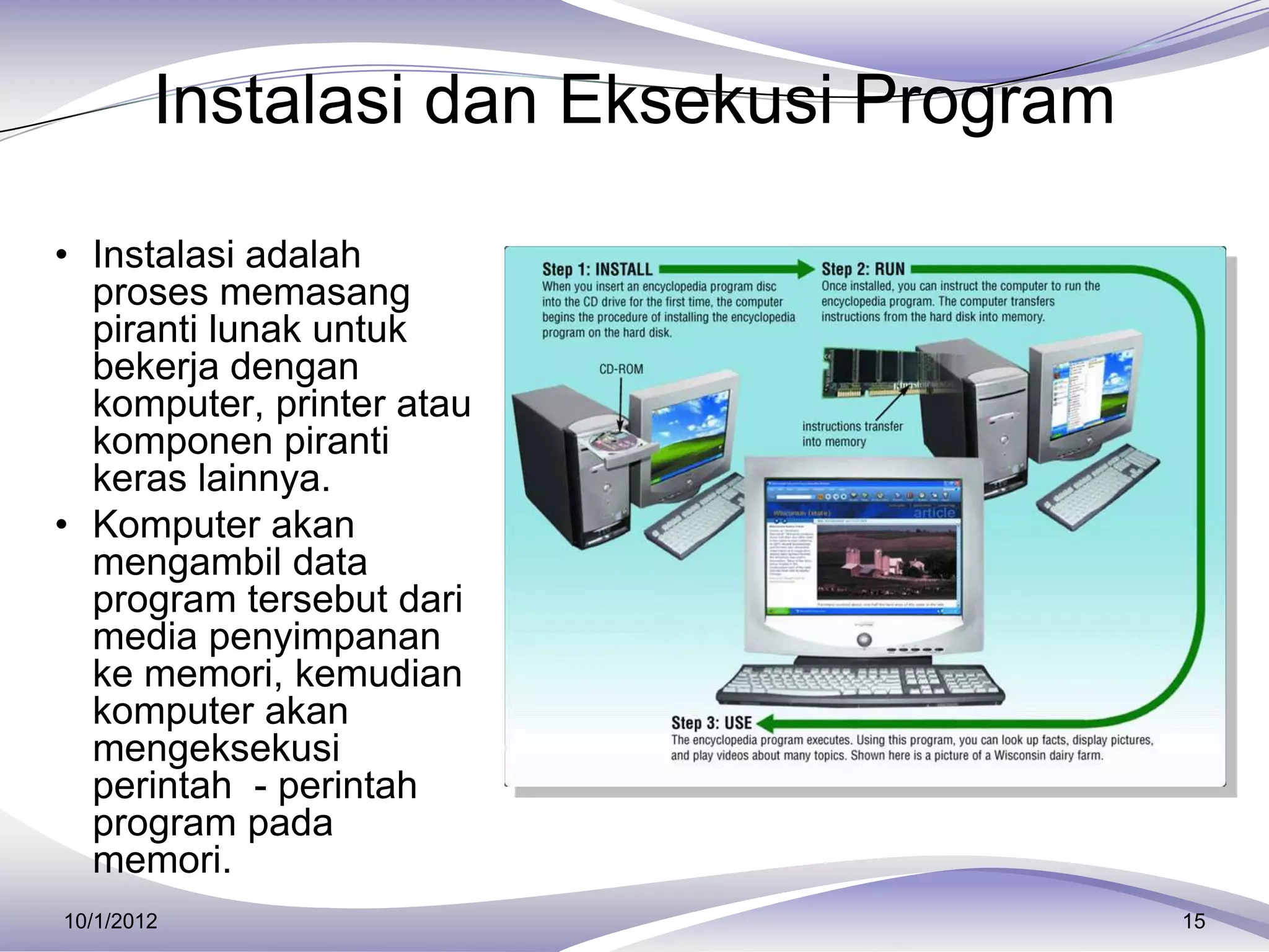 Instalasi dan Eksekusi Program

• Instalasi adalah
  proses memasang
  piranti lunak untuk
  bekerja dengan
  komputer, printer atau
  komponen piranti
  keras lainnya.
• Komputer akan
  mengambil data
  program tersebut dari
  media penyimpanan
  ke memori, kemudian
  komputer akan
  mengeksekusi
  perintah - perintah
  program pada
  memori.
10/1/2012                                15
 