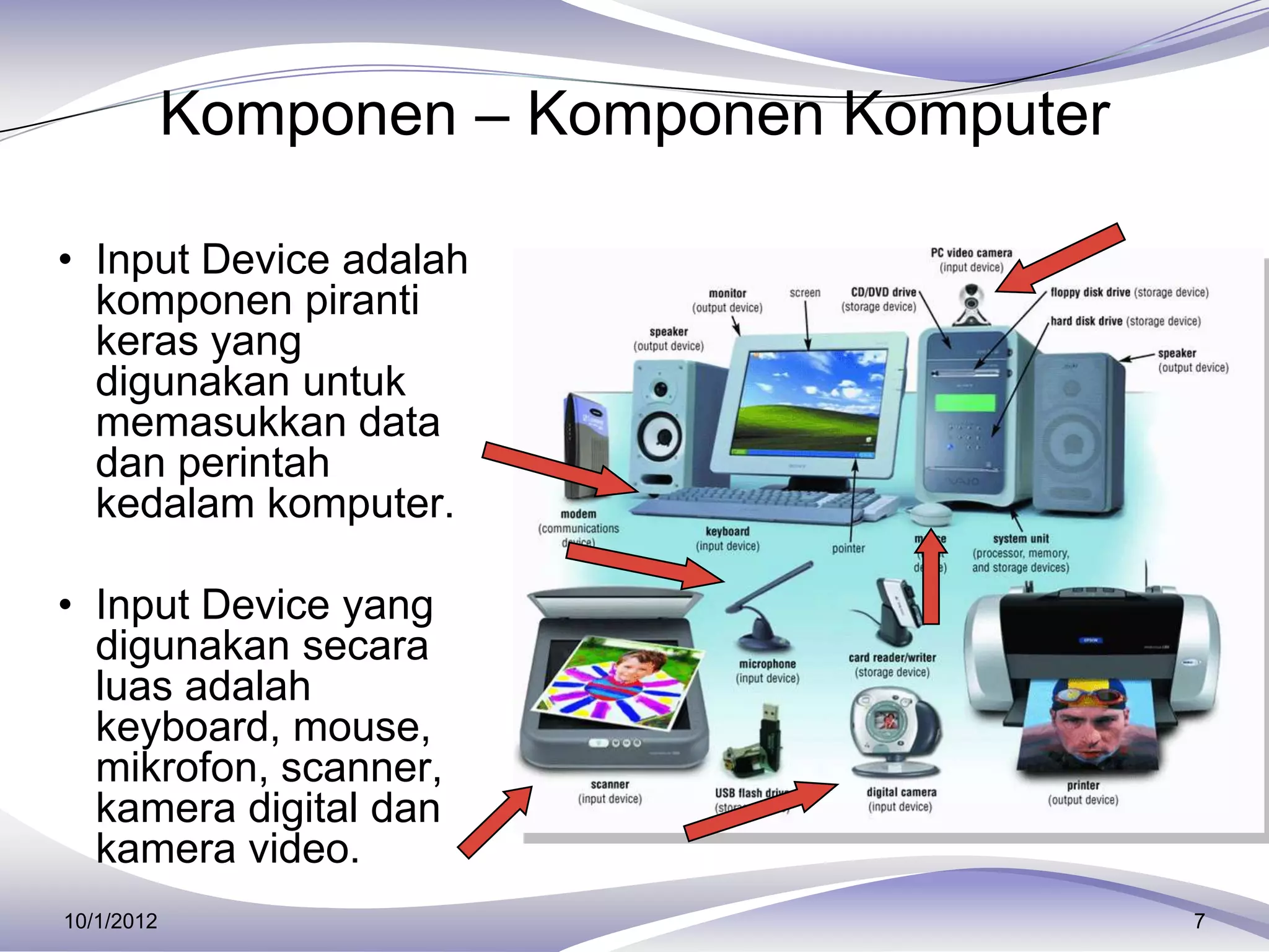 Komponen – Komponen Komputer

• Input Device adalah
  komponen piranti
  keras yang
  digunakan untuk
  memasukkan data
  dan perintah
  kedalam komputer.

• Input Device yang
  digunakan secara
  luas adalah
  keyboard, mouse,
  mikrofon, scanner,
  kamera digital dan
  kamera video.
10/1/2012                                  7
 