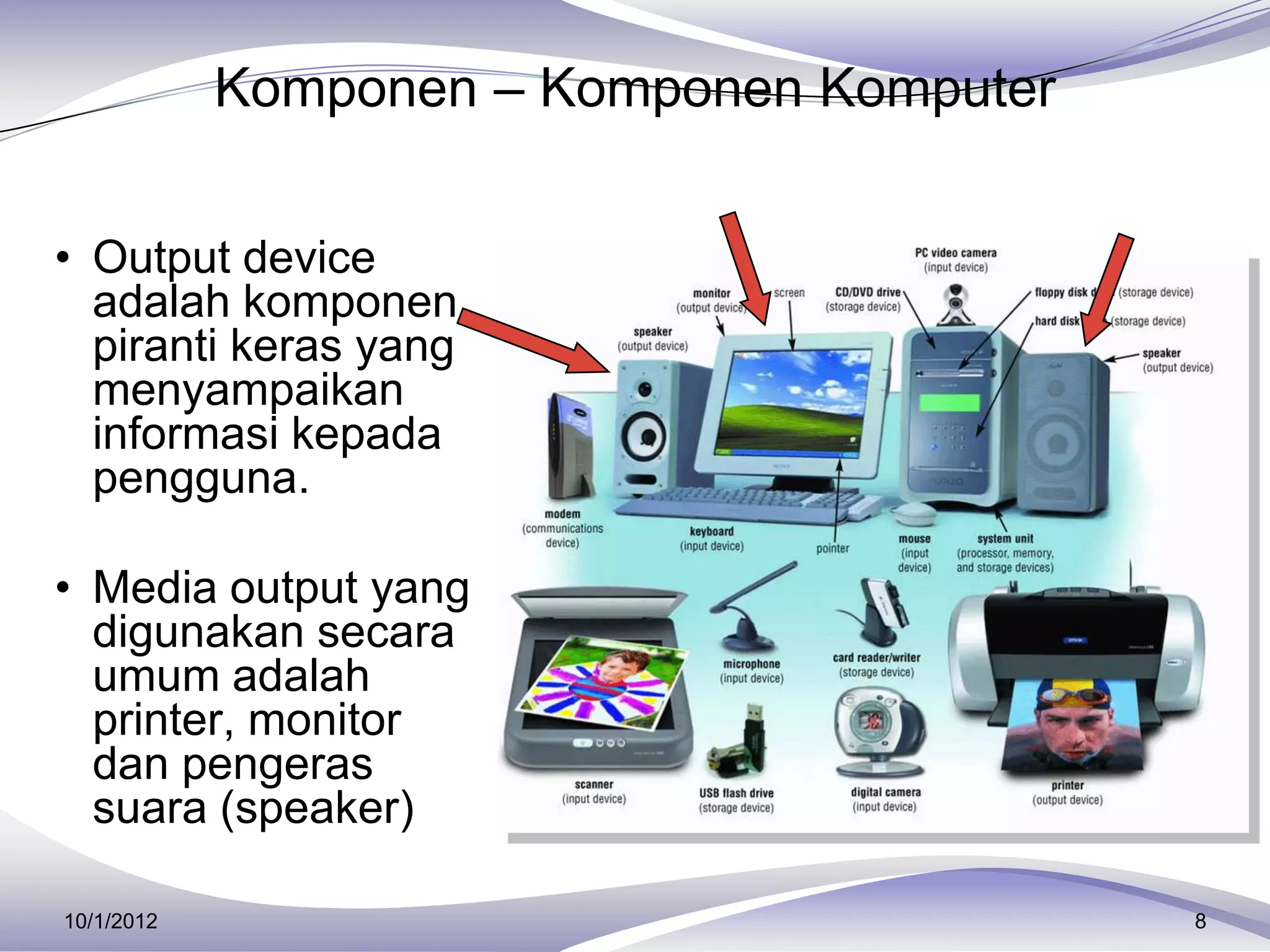 Komponen – Komponen Komputer


• Output device
  adalah komponen
  piranti keras yang
  menyampaikan
  informasi kepada
  pengguna.

• Media output yang
  digunakan secara
  umum adalah
  printer, monitor
  dan pengeras
  suara (speaker)

10/1/2012                                  8
 