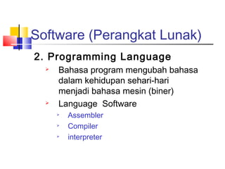 Software (Perangkat Lunak)
2. Programming Language
 Bahasa program mengubah bahasa
dalam kehidupan sehari-hari
menjadi bahasa mesin (biner)
 Language Software

Assembler

Compiler

interpreter
 