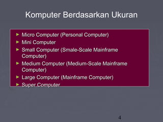 4
Komputer Berdasarkan Ukuran
► Micro Computer (Personal Computer)Micro Computer (Personal Computer)
► Mini ComputerMini Computer
► Small Computer (Smale-Scale MainframeSmall Computer (Smale-Scale Mainframe
Computer)Computer)
► Medium Computer (Medium-Scale MainframeMedium Computer (Medium-Scale Mainframe
Computer)Computer)
► Large Computer (Mainframe Computer)Large Computer (Mainframe Computer)
► Super ComputerSuper Computer
 