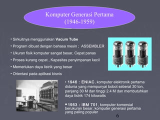 6
Komputer Generasi Pertama
(1946-1959)
• Sirkuitnya menggunakan Vacum Tube
• Program dibuat dengan bahasa mesin ; ASSEMBLER
• Ukuran fisik komputer sangat besar, Cepat panas
• Proses kurang cepat , Kapasitas penyimpanan kecil
• Memerlukan daya listrik yang besar
• Orientasi pada aplikasi bisnis
• 1946 : ENIAC, komputer elektronik pertama
didunia yang mempunyai bobot seberat 30 ton,
panjang 30 M dan tinggi 2.4 M dan membutuhkan
daya listrik 174 kilowatts
1953 : IBM 701, komputer komersial
berukuran besar, komputer generasi pertama
yang paling populer
 
