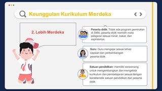 Keunggulan Kurikulum Merdeka
2. Lebih Merdeka
Peserta didik: Tidak ada program peminatan
di SMA, peserta didik memilih mata
pelajaran sesuai minat, bakat, dan
aspirasinya.
Guru: Guru mengajar sesuai tahap
capaian dan perkembangan
peserta didik.
Satuan pendidikan: memiliki wewenang
untuk mengembangkan dan mengelola
kurikulum dan pembelajaran sesuai dengan
karakteristik satuan pendidikan dan peserta
didik.
 