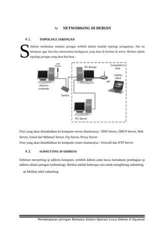 IV. NETWORKING DI DEBIAN
4.1. TOPOLOGI JARINGAN
ebelum melakukan instalasi jaringan terlebih dahulu buatlah topologi jaringannya. Hal ini
bertujuan agar kita bisa menentukan konfigurasi yang akan di berikan di server. Berikut adalah
topologi jaringan yang akan kita buat :S
Fitur yang akan ditambahkan ke komputer server diantaranya : DNS Server, DHCP Server, Web
Server, Email dan Webmail Server, Ftp Server, Proxy Server
Fitur yang akan ditambahkan ke komputer router diantaranya : Firewall dan NTP Server
4.2. SUBNETTING IPADDRESS
Sebelum menyetting ip address komputer, terlebih dahulu anda harus memahami pembagian ip
address dalam jaringan (subnetting). Berikut adalah beberapa cara untuk menghitung subnetting:
a) Melihat tabel subnetting
Pembelajaran Jaringan Berbasis Sistem Operasi Linux Debian 6 Squeeze
 