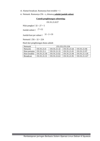 d. Alamat broadcast. Rumusnya host terakhir + 1
e. Netmask. Rumusnya 256 – z, dimana z adalah jumlah subnet
Contoh penghitungan subnetting:
191.91.21.0/27
Nilai pangkat 32 – 27 = 5
Jumlah subnet  2
5
=32
Jumlah host per subnet  32−2=30
Netmask 256 – 32 = 224
Hasil dari penghitungan diatas adalah
Netmask 255.255.255.224
Network 191.91.21.0 191.91.21.32 191.91.21.64 191.91.21.96
Host pertama 191.91.21.1 191.91.21.33 191.91.21.65 191.91.21.97
Host terakhir 191.91.21.30 191.91.21.62 191.91.21.94 191.91.21.126
Broadcast 191.91.21.31 191.91.21.63 191.91.21.95 191.91.21.127
Pembelajaran Jaringan Berbasis Sistem Operasi Linux Debian 6 Squeeze
 