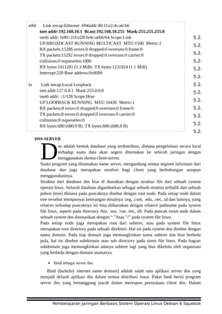 5.2.
5.2.
5.2.
5.2.
5.2.
5.2.
5.2.
5.2.
5.2.
5.2.
5.2.
5.2.
5.2.
DNS-SERVER
ns adalah bentuk database yang terdistribusi, dimana pengelolaan secara local
terhadap suatu data akan segera diteruskan ke seluruh jaringan dengan
menggunakan skema client-server.DSuatu program yang dinamakan name server, mengandung semua segmen informasi dari
database dan juga merupakan resolver bagi client yang berhubungan ataupun
menggunakannya.
Struktur dari database dns bisa di ibaratkan dengan struktur file dari sebuah system
operasi linux. Seluruh database digambarkan sebagai sebuah struktur terbalik dari sebuah
pohon (tree) dimana pada puncaknya disebut dengan root node. Pada setiap node dalam
tree tersebut mempunyai keterangan misalnya .org, .com, .edu, .net, .id dan lainnya, yang
relative terhadap puncaknya ini bisa diibaratkan dengan relative pathname pada system
file linux, seperti pada directory /bin, /usr, /var, /etc, dll. Pada puncak rooot node dalam
sebuah system dns dinotasikan dengan “.”Atau "/” pada system file linux.
Pada setiap node juga merupakan root dari subtree, atau pada system file linux
merupakan root directory pada sebuah direktori. Hal ini pada system dns disebut dengan
nama domain. Pada tiap domain juga memungkinkan nama subtree dan bisa berbeda
pula, hal ini disebut subdomain atau sub directory pada sistm file linux. Pada bagian
subdomain juga memungkinkan adanya subtree lagi yang bias dikelola oleh organisasi
yang berbeda dengan domain utamanya.
• Bind sebagai server dns
Bind (barkeley internet name domain) adalah salah satu aplikasi server dns yang
menjadi default aplikasi dns dalam semua distribusi linux. Paket bind berisi program
server dns yang bertanggung jawab dalam merespon pernyataan client dns. Dalam
Pembelajaran Jaringan Berbasis Sistem Operasi Linux Debian 6 Squeeze
eth0 Link encap:Ethernet HWaddr 00:1f:e2:4c:a6:b6
inet addr:192.168.10.1 Bcast:192.168.10.255 Mask:255.255.255.0
inet6 addr: fe80::21f:e2ff:fe4c:a6b6/64 Scope:Link
UP BROADCAST RUNNING MULTICAST MTU:1500 Metric:1
RX packets:15286 errors:0 dropped:0 overruns:0 frame:0
TX packets:15292 errors:0 dropped:0 overruns:0 carrier:0
collisions:0 txqueuelen:1000
RX bytes:1411201 (1.3 MiB) TX bytes:1231924 (1.1 MiB)
Interrupt:220 Base address:0x8000
lo Link encap:Local Loopback
inet addr:127.0.0.1 Mask:255.0.0.0
inet6 addr: ::1/128 Scope:Host
UP LOOPBACK RUNNING MTU:16436 Metric:1
RX packets:8 errors:0 dropped:0 overruns:0 frame:0
TX packets:8 errors:0 dropped:0 overruns:0 carrier:0
collisions:0 txqueuelen:0
RX bytes:680 (680.0 B) TX bytes:680 (680.0 B)
 