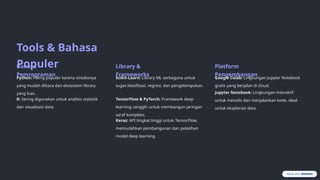 Tools & Bahasa
Populer
Bahasa
Pemrograman
Python: Paling populer karena sintaksnya
yang mudah dibaca dan ekosistem library
yang luas.
R: Sering digunakan untuk analisis statistik
dan visualisasi data.
Library &
Frameworks
Scikit-Learn: Library ML serbaguna untuk
tugas klasifikasi, regresi, dan pengelompokan.
TensorFlow & PyTorch: Framework deep
learning canggih untuk membangun jaringan
saraf kompleks.
Keras: API tingkat tinggi untuk TensorFlow,
memudahkan pembangunan dan pelatihan
model deep learning.
Platform
Pengembangan
Google Colab: Lingkungan Jupyter Notebook
gratis yang berjalan di cloud.
Jupyter Notebook: Lingkungan interaktif
untuk menulis dan menjalankan kode, ideal
untuk eksplorasi data.
 