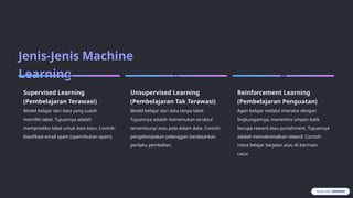 Jenis-Jenis Machine
Learning
Supervised Learning
(Pembelajaran Terawasi)
Model belajar dari data yang sudah
memiliki label. Tujuannya adalah
memprediksi label untuk data baru. Contoh:
klasifikasi email spam (spam/bukan spam).
Unsupervised Learning
(Pembelajaran Tak Terawasi)
Model belajar dari data tanpa label.
Tujuannya adalah menemukan struktur
tersembunyi atau pola dalam data. Contoh:
pengelompokan pelanggan berdasarkan
perilaku pembelian.
Reinforcement Learning
(Pembelajaran Penguatan)
Agen belajar melalui interaksi dengan
lingkungannya, menerima umpan balik
berupa reward atau punishment. Tujuannya
adalah memaksimalkan reward. Contoh:
robot belajar berjalan atau AI bermain
catur.
 