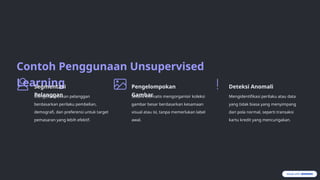 Contoh Penggunaan Unsupervised
Learning
Segmentasi
Pelanggan
Mengelompokkan pelanggan
berdasarkan perilaku pembelian,
demografi, dan preferensi untuk target
pemasaran yang lebih efektif.
Pengelompokan
Gambar
Secara otomatis mengorganisir koleksi
gambar besar berdasarkan kesamaan
visual atau isi, tanpa memerlukan label
awal.
Deteksi Anomali
Mengidentifikasi perilaku atau data
yang tidak biasa yang menyimpang
dari pola normal, seperti transaksi
kartu kredit yang mencurigakan.
 