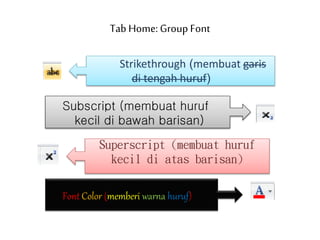 Tab Home: Group Font
Strikethrough (membuat garis
di tengah huruf)
Subscript (membuat huruf
kecil di bawah barisan)
Superscript (membuat huruf
kecil di atas barisan)
Font Color (memberi warna huruf)
 